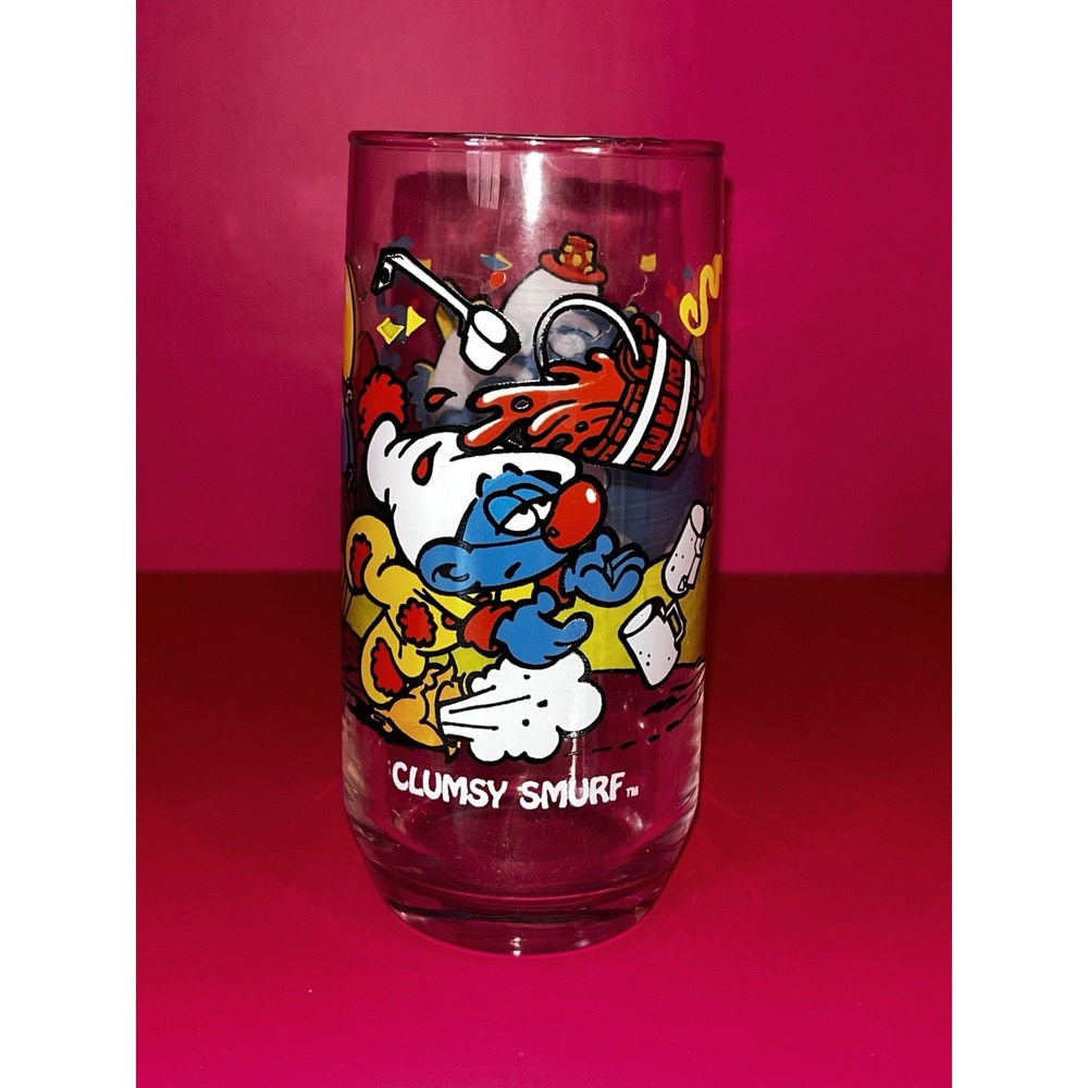 Vintage CLUMSY Peyo Wallace Berrie 1983 Hardee's Smurfs Glass Cup Tumbler‎